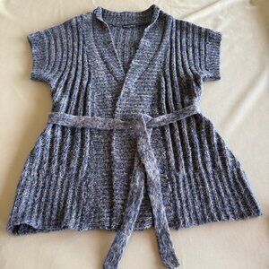 Brittany Black Open Cardigan Short Sleeve PXL Tie Waist Sweater Blue Taupe NWOT